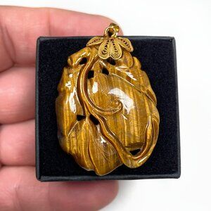 14k Solid Yellow Gold Genuine Tiger's Eye Pumpkin Pendant (1.6 inch) (10.9g)